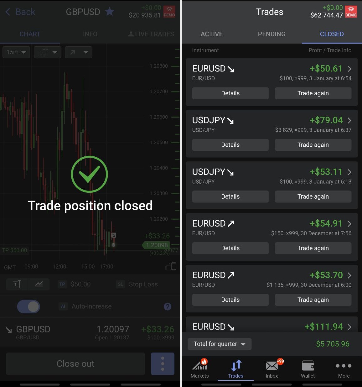 Ejemplo de operaciones cerradas (versión móvil de la plataforma Libertex) 