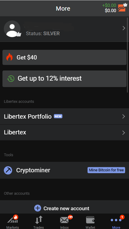 Figure 1: More menu in the Libertex app