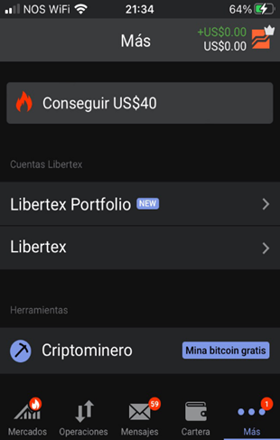 Figura 1: Menú Más en la APP de Libertex
