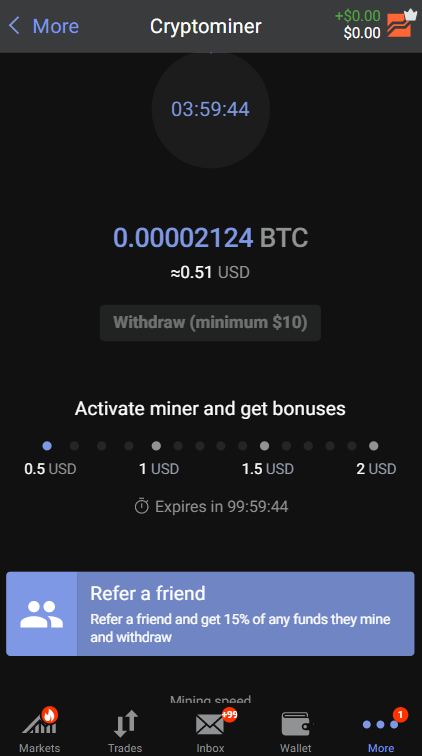 Figure 4: Mining bitcoin in the Crypto Miner