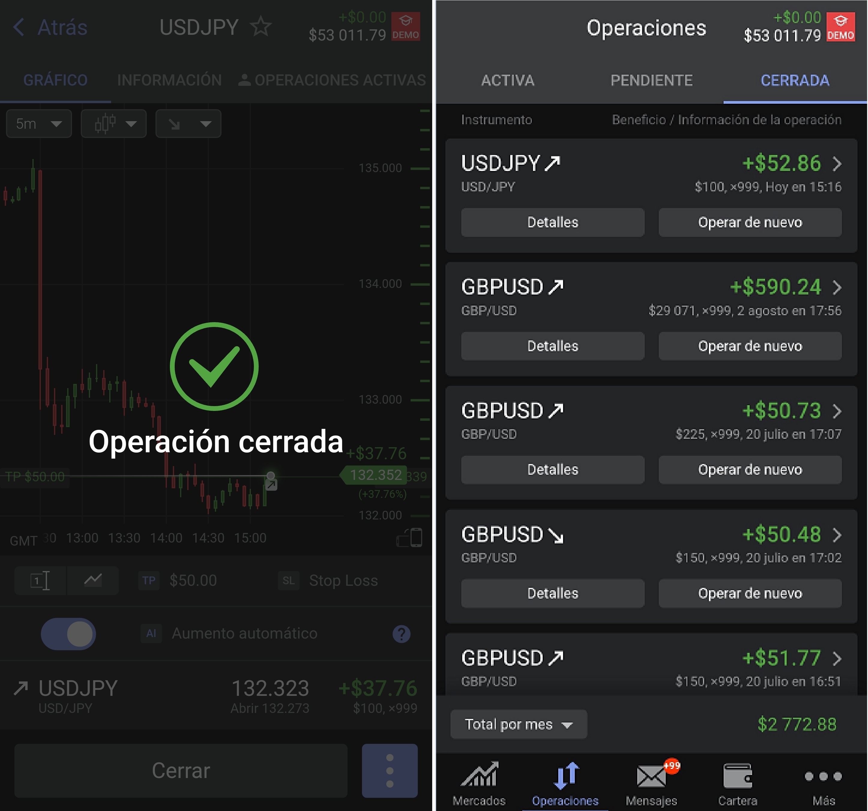 Ejemplo de operaciones cerradas (versión móvil de la plataforma Libertex)