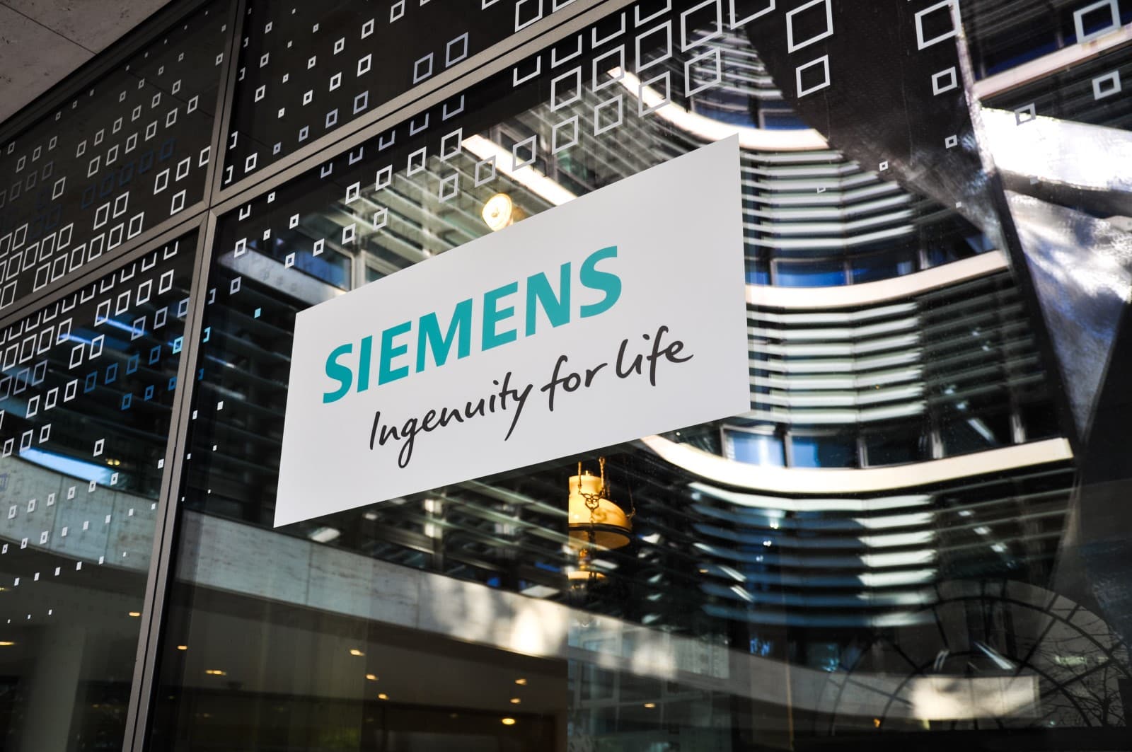 Siemens logo on a door of the new Siemens headquarter building in central Munich